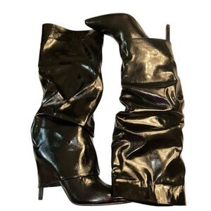 Lulus Pull on Black Fold Over Knee High Boots(Size 6)